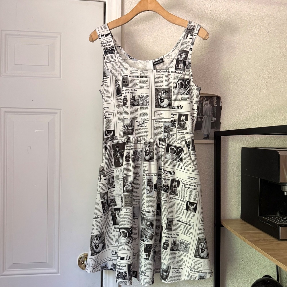 RETROLICIOUS black white news print cat cotton pinup retro sleeveless mini dress